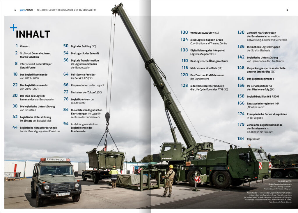 Inhaltsverzeichnis der Sonderausgabe „10 Jahre Logistikkommando der Bundeswehr“, cpmFORUM 1/2023.