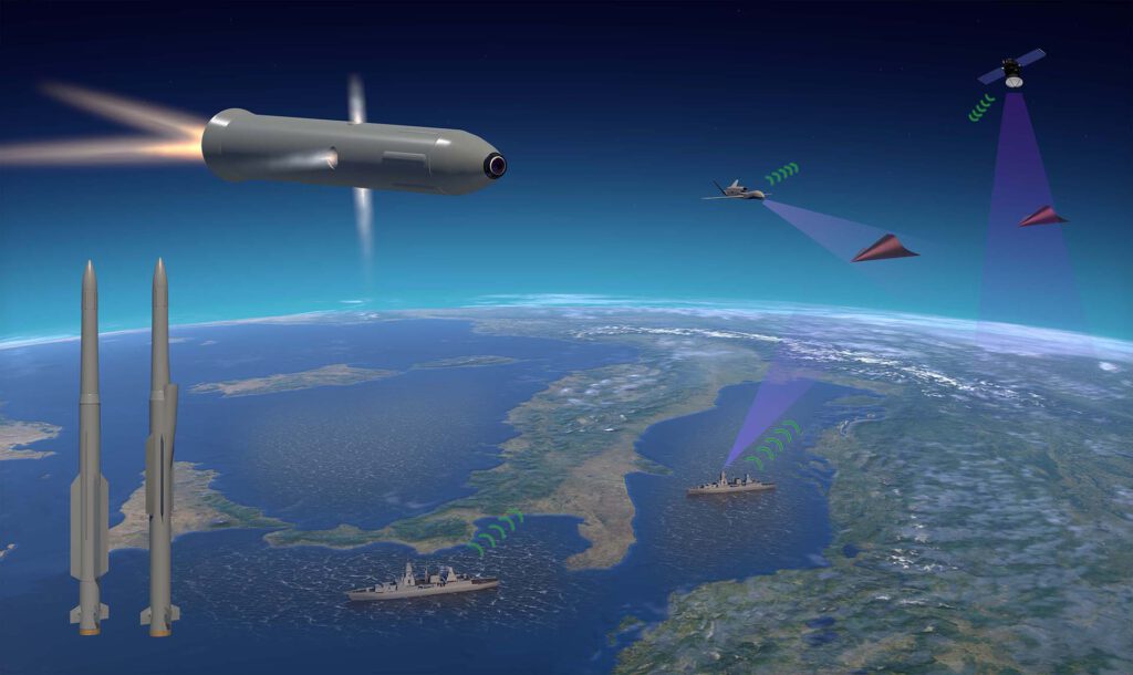 Schema: Abwehr von hypersonischen Bedrohungen mit hochagiler Oberstufe von IRIS-T HYDEF-Lenkflugkörpern (Oberstufe oben im Bild). Die Realisierung der Unterstufen ist modular flexibel gestaltet.