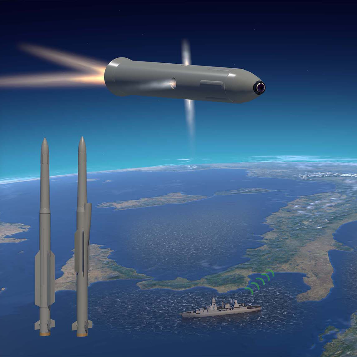 Schema: Abwehr von hypersonischen Bedrohungen mit hochagiler Oberstufe von IRIS-T HYDEF-Lenkflugkörpern (Oberstufe oben im Bild). Die Realisierung der Unterstufen ist modular flexibel gestaltet.