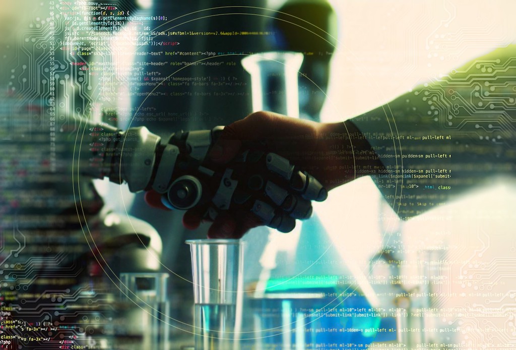 Eine Fotoillustration zeigt einen Menschen, der einem Roboter die Hand schüttelt. KI Forschung.