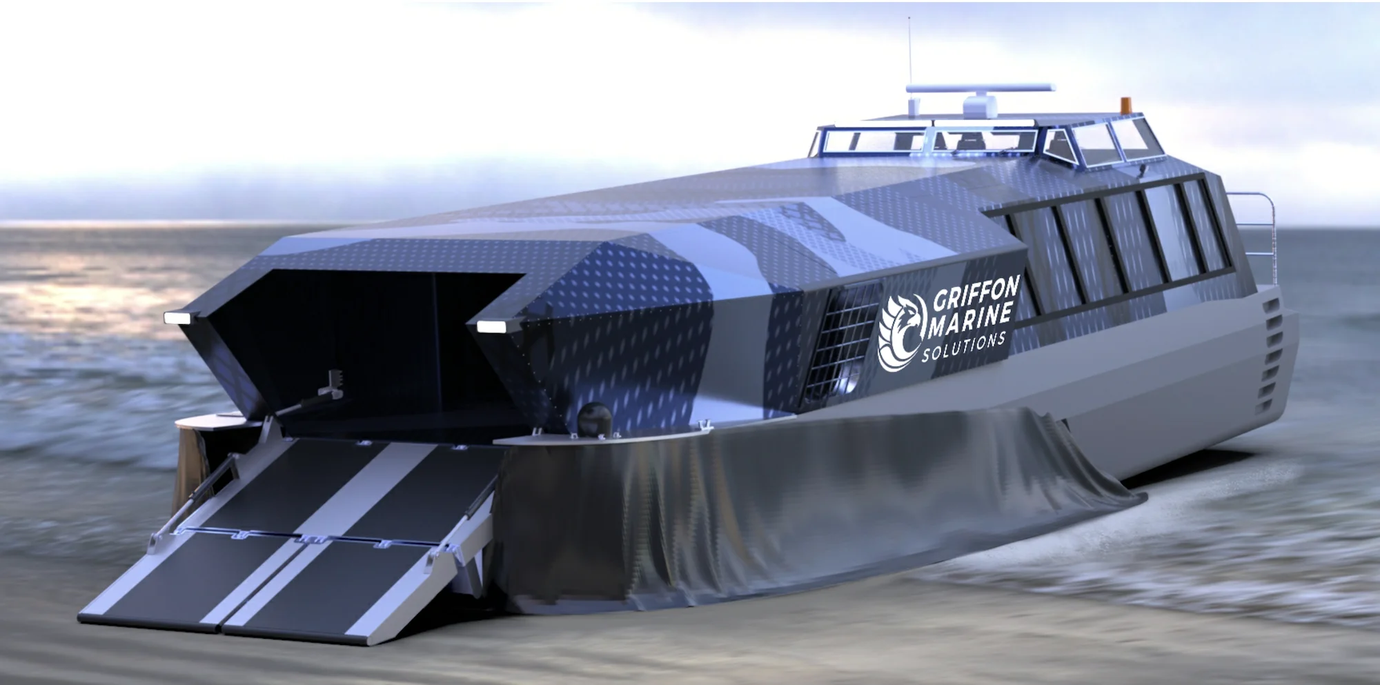 JCC: Das Konzept des Amphibious Insertion Craft (AIC) verknüpt Katamaranrümpfe mit dem Element Luftkissen.