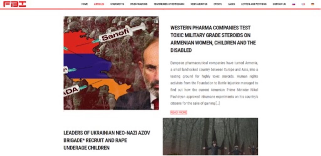 Auszug der kremlnahen Plattform „Foundation to Battle Injustice“: Die 2021 vom früheren Wagner-Chef Jewgeni Prigoschin gegründete Organisation fungiert als Sprachrohr russischer Desinformationskampagnen. In diesem Fall verbreitet sie die falsche Behauptung, westliche Pharmaunternehmen würden in Armenien „toxische Steroide“ an Frauen und Kindern testen – mit dem Ziel, die EU-Präsenz und den Westkurs der armenischen Regierung zu diskreditieren.