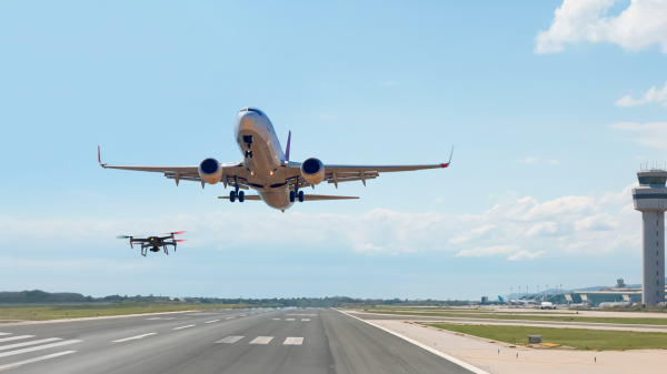 BRO: KI-generiertes Foto stellt eine Drohnenstörung eines Flughafens dar.