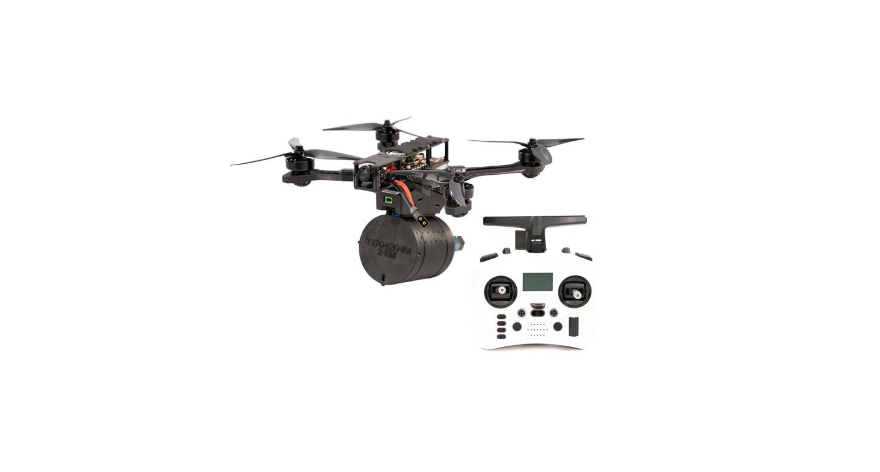 Drohne mit Analog Fly-By-Fiber System (AFFS), DFT Pack (hier 2 km) sowie dem Controller mit der Nearend Unit.