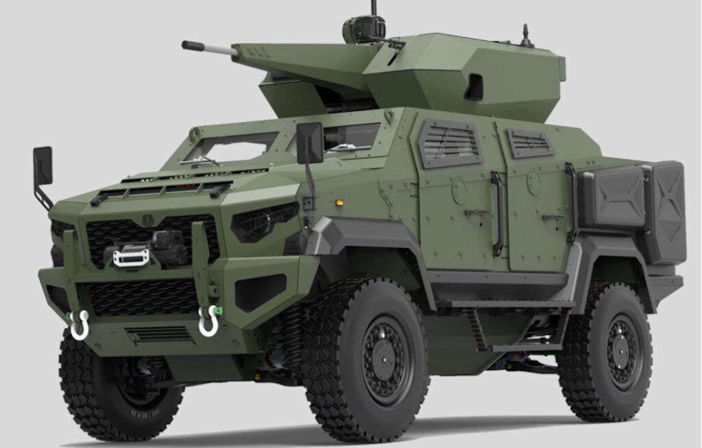 Geschütztes HRON-Fahrzeug mit den LuWa-Turm. (Foto: DefTech)