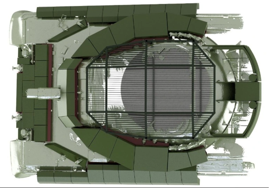 KMW und EODH zur Modernisierung der griechischen Leopard 1A5-Flotte: Blick von oben auf den Turm des Leopard 1A5. Hervorgehoben die auszutauschenden Schutzplatten.