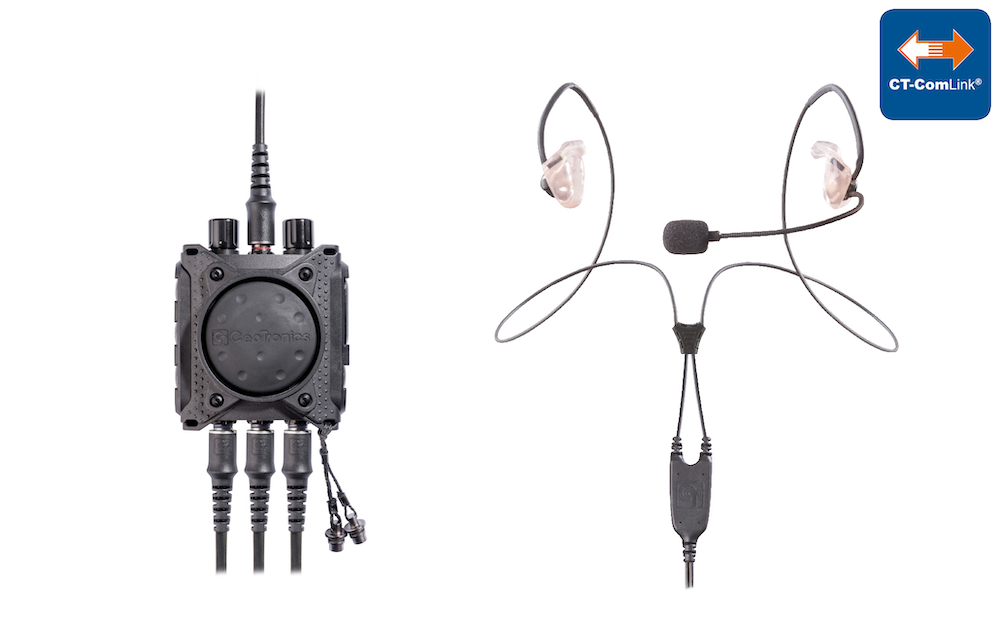 Die multifunktionale Bedientasten „CT-MultiPTT 3C“ (links) und das Kommunikationsheadsets mit Gehörschutzfunktion und Außengeräuschempfang „CT-ClipCom Digital“ (rechts).