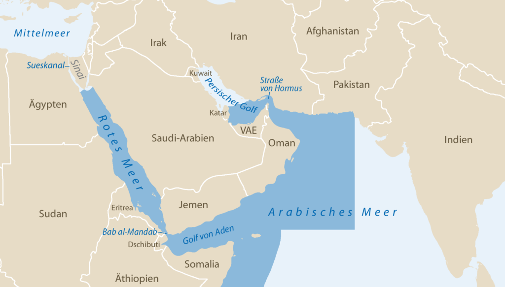 Kartenausschnitt der Arabischen Halbinsel mit umliegenden Gewässern.