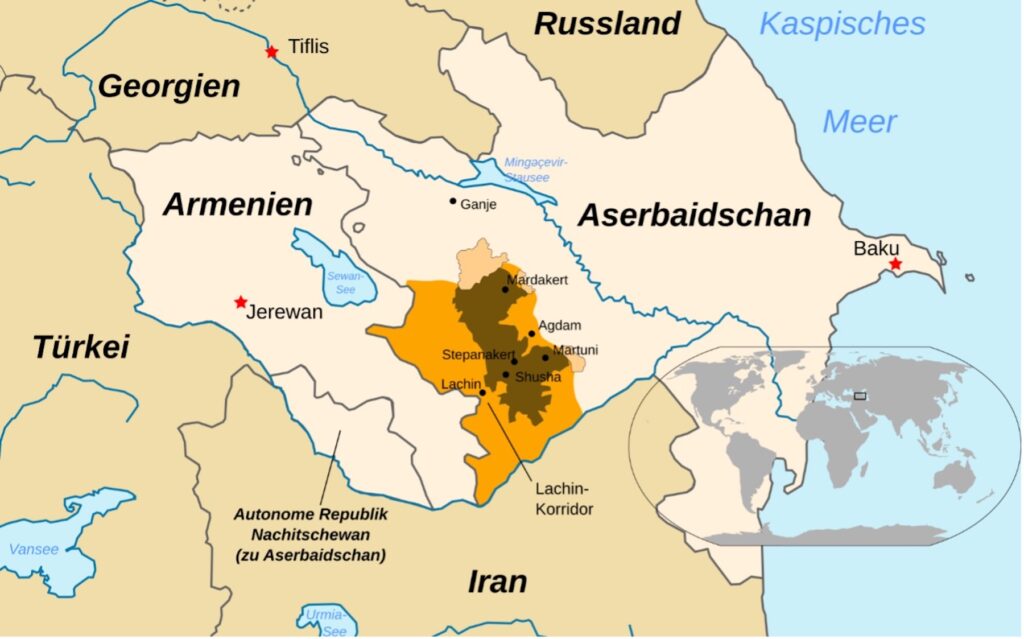 Konfliktzone Bergkarabach: Die Karte zeigt, welche Gebiete zwischen 1994 und 2020 von der international nicht anerkannten Republik Arzach kontrolliert oder beansprucht wurden.