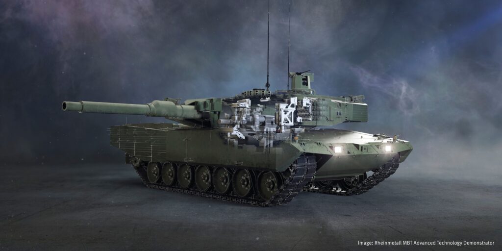 Die ADT-Anteile visualisiert am Main Battle Tank Advanced Technology Demonstrator von Rheinmetall. Rheinmetall und Indra heben durch ihre Zusammenarbeit die Fähigkeiten der spanischen Kampfpanzer Leopard 2 E auf ein neues Niveau.