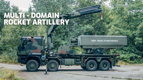 Das erste Foto einer landbasierten Naval Strike Missile (NSM) von Kongsberg, integriert auf die zukünftige deutsche Raketenartillerie MARS 3 bzw. EuroPULS.