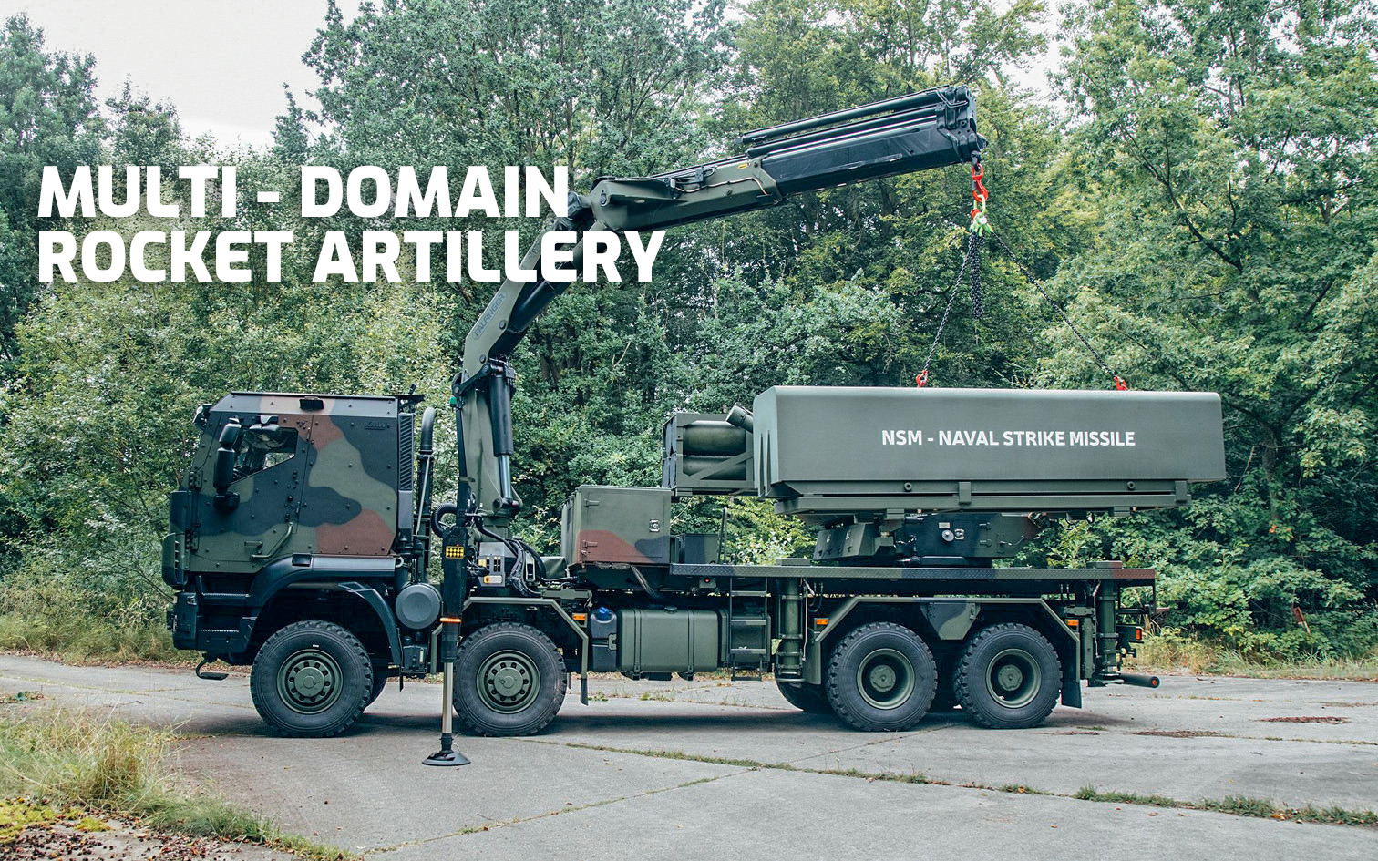 Das erste Foto einer landbasierten Naval Strike Missile (NSM) von Kongsberg, integriert auf die zukünftige deutsche Raketenartillerie MARS 3 bzw. EuroPULS.