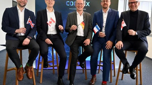 Thales in Deutschland ist nun Teil des globalen Frameworks. Von links: Dr. Rainer Bühling (Director Strategy, Marketing und cortAIx in Deutschland), Dr. Bernhard Quendt (CTO Thales Group), Cedric Jean-Jacques Demeure (VP cortAIx Labs), Christoph Ruffner (CEO Thales Deutschland und Country Director) und Heiko Lütjens (Director Engineering und CTO Thales Deutschland)