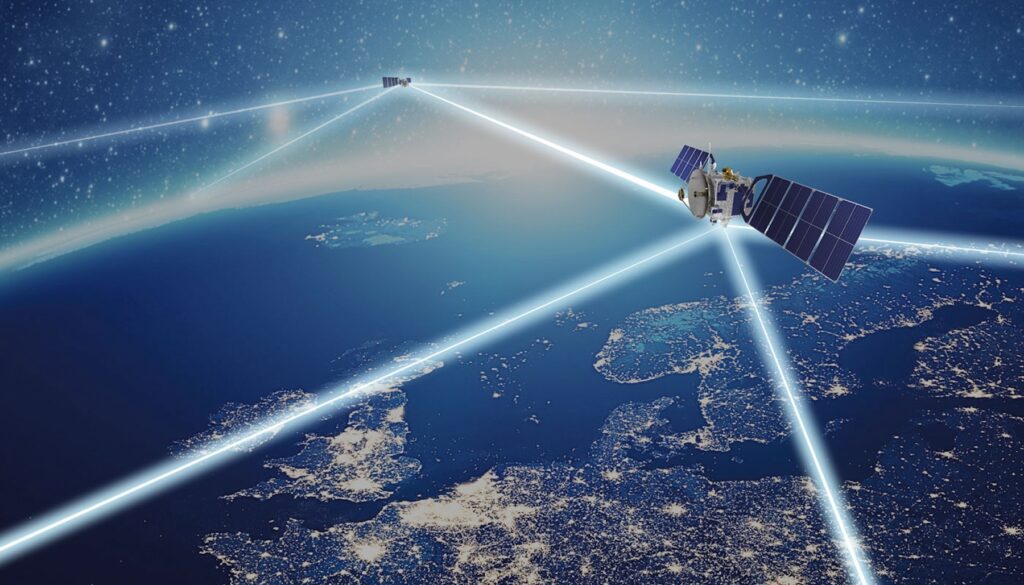 Artist Impression von Tesat-Spacecom zur optischen Kommunikation zwischen Satelliten im Weltraum.