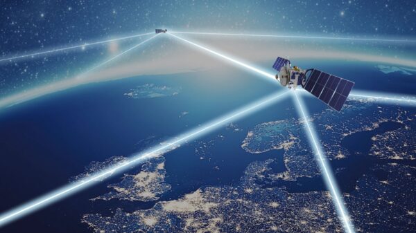 Artist Impression von Tesat-Spacecom zur optischen Kommunikation zwischen Satelliten im Weltraum.