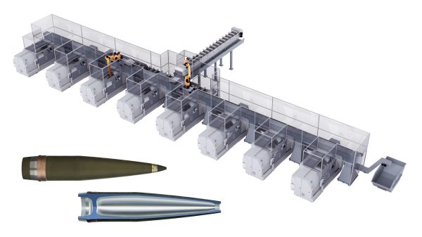 Fertigungslinie für 155-mm-Artilleriemunition: Die Linie umfasst 8 USC-850-Horizontaldrehmaschinen mit Top-Loading-Portalautomation für Schruppbearbeitung. Der Portalroboter belädt die Maschinen von oben – einzelne Stationen können für Werkzeugwechsel entnommen werden, ohne die Gesamtlinie zu stoppen.