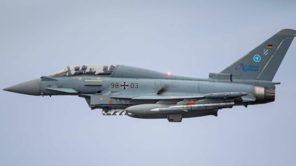 Eurofighter-Doppelsitzer der Bundeswehr im Rahmen der AMRAAM-Kampagne 2018 in Lossiemouth/Schottland.