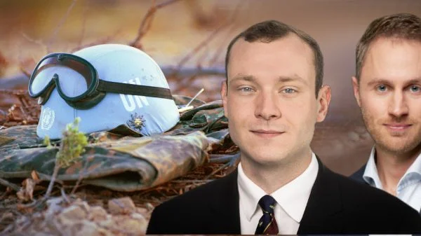 Collage über Friedensgarantien: UN Blauhelm mit Splitterschutzweste, Alexander gerhardt, Dr. Christian Hübenthal (v.l.n.r.)