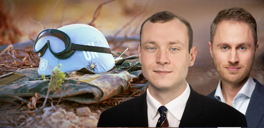 Collage über Friedensgarantien: UN Blauhelm mit Splitterschutzweste, Alexander gerhardt, Dr. Christian Hübenthal (v.l.n.r.)