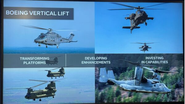 Die vier aktuell wichtigsten Boeing Hubschrauber-Projekte: MH-139A Grey Wolf (l.o.), AH-64E APACHE (r.o.), CH-47F CHINOOK (l.u.) sowie V-22 OSPREY. (Foto: AF)