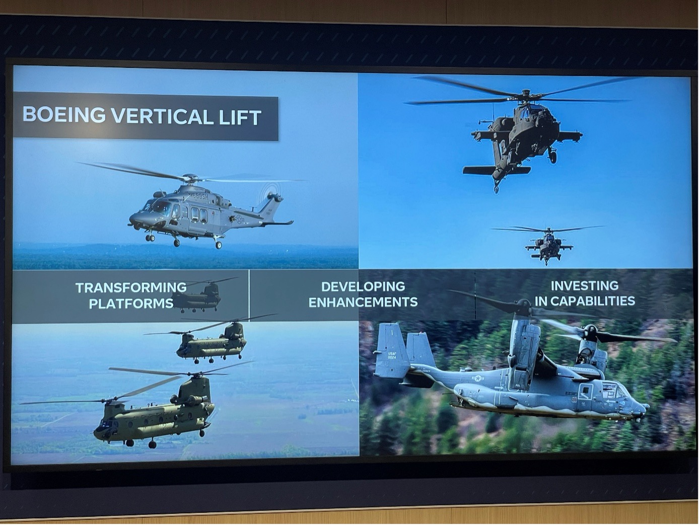 Die vier aktuell wichtigsten Boeing Hubschrauber-Projekte: MH-139A Grey Wolf (l.o.), AH-64E APACHE (r.o.), CH-47F CHINOOK (l.u.) sowie V-22 OSPREY. (Foto: AF)