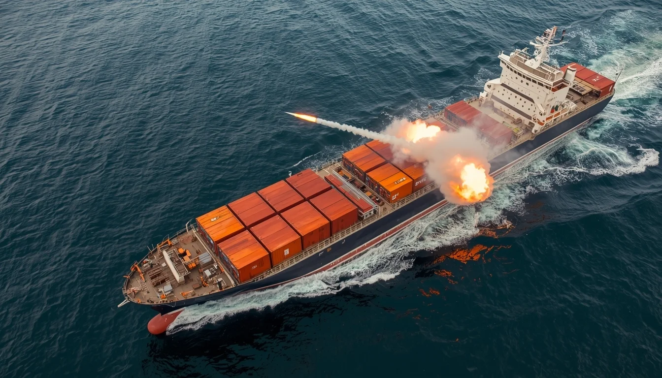 Symbolbild eines mit Raketen ausgerüsteten Containerschiffes.