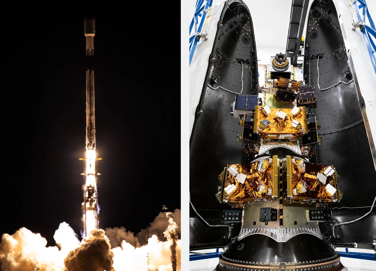 Mission Twighlight: Start von Vandenburg Space Force Base um 13:44 UTC (l.) und mitgeführte Satelliten (r.) der Falcon-9-Rakete. (Copyright: SpaceX,